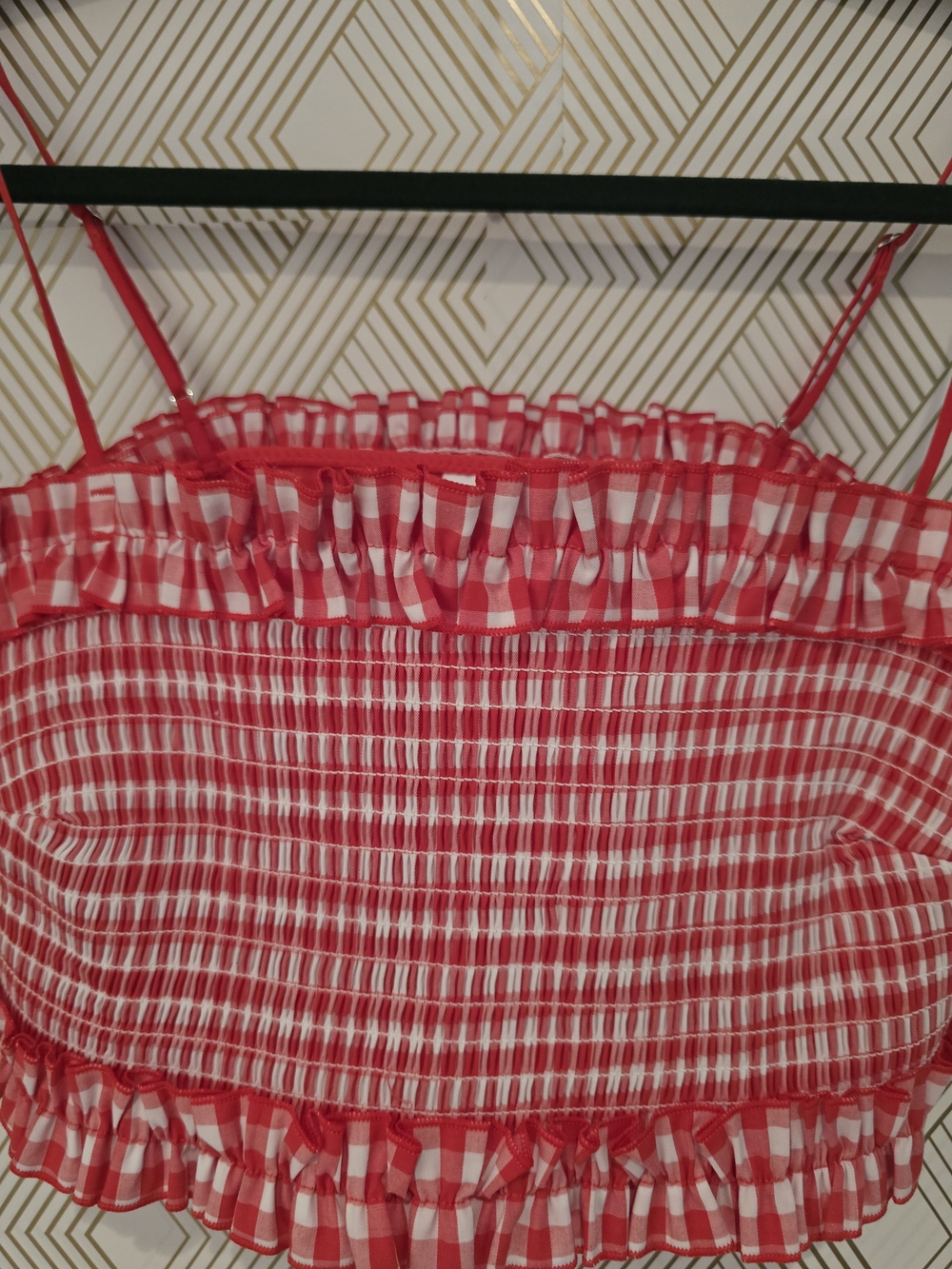 Colsie Women's Red Gingham Woven Bandeau Bralette/Smocked Crop Top - Picture 3 of 8
